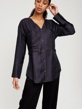 Wilfred Aritzia Zelie Shirt Satin Stripe Black Button Down Blouse Long Sleeve -